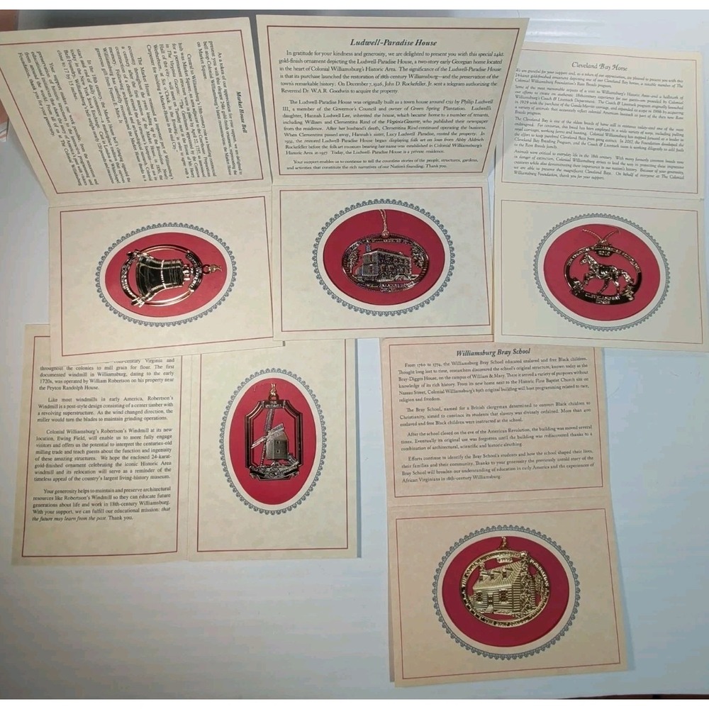 Set Of 5 Colonial Williamsburg Gold Plated Ornaments/Booklet 16,17,19,22 And 23